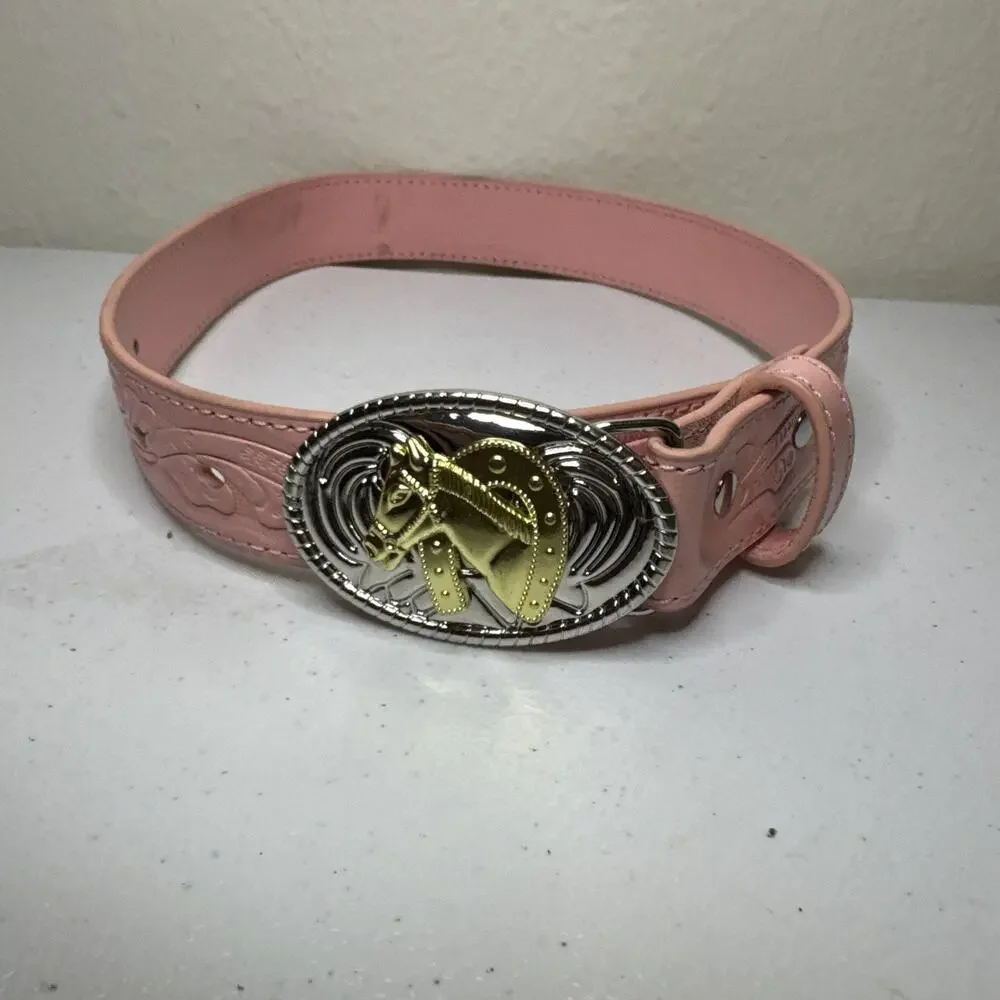 Nocona Belt Girls Mauve/Pink Horse Riding Buckle Western Cowgirl Leather Read